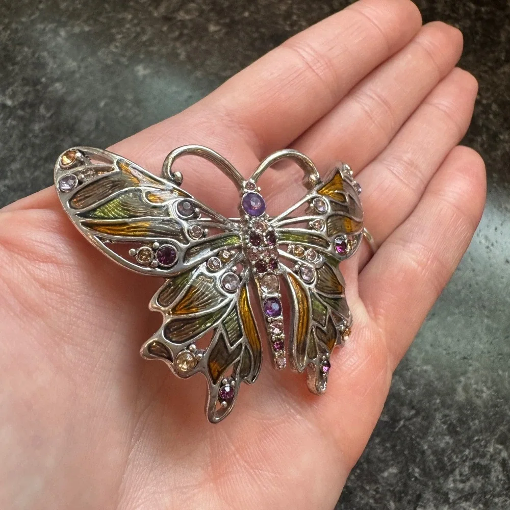 Monet Butterfly Brooch Silver Tone Enamel Purple Rhinestone Vintage Pin